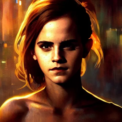 Prompt: emma watson, hyperrealistic full figure, bladerunner street, art of elysium by jeremy mann and frank frazetta and alphonse mucha, fantasy art, photo realistic, dynamic lighting, artstation, full figure poster, volumetric lighting, very detailed face, 4 k, award winning