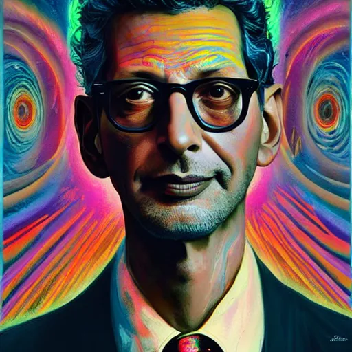 Image similar to Jeff Goldblum an extremely psychedelic experience, colorful, surreal, dramatic lighting, cosmonaut, LSD, face, detailed, intricate, elegant, highly detailed, digital painting, artstation, concept art, smooth, sharp focus, illustration, art by Sam Spratt, Dan Mumford, Artem Demura and Alphonse Mucha