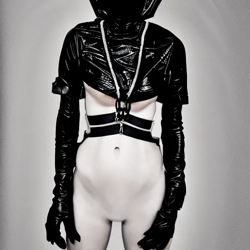 Prompt: fashion photography of an extraterrestrial model, wearing a black mask, wearing demobaza fashion, inside berghain, berlin fashion, harness, futuristic fashion, dark minimal outfit, photo 3 5 mm leica, hyperdetail, berghain, 8 k, very detailed, photo by nick knight