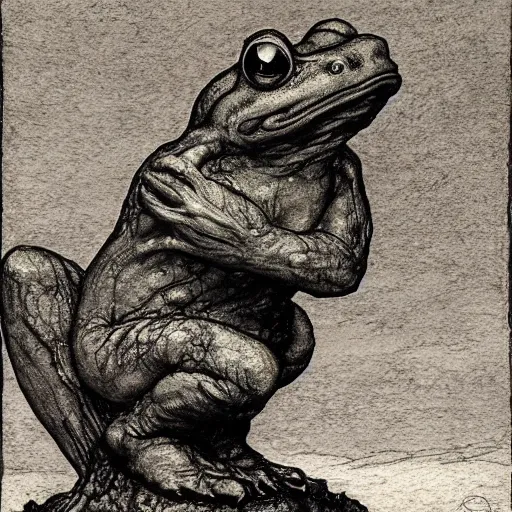 Prompt: toad philosopher toad in a pose The Thinker, swamp, by Auguste Rodin, illustrations by irish fairy tales james stephens arthur rackham, fairy tale illustrations, top cinematic lighting , cinematic mood, very detailed, shot in canon, bog sedge,