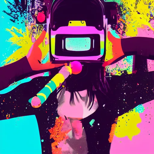 Image similar to illustration of cyberpunk girl with bubble gum in vr helmet, colorful splatters, by andy warhol and by zac retz and by kezie demessance