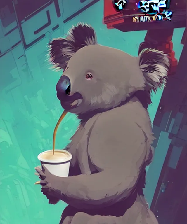 Image similar to a portrait of an anthropomorphic koala holding a starbucks coffee, cyberpunk!, fantasy, elegant, digital painting, artstation, concept art, matte, sharp focus, illustration, art by josan gonzalez