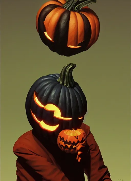 Image similar to Portrait of Pumpkin mask from Halloween III (1982), detailed, coherent, painted by Edward Hopper, Wayne Barlowe, James Gilleard, airbrush, art by James Jean