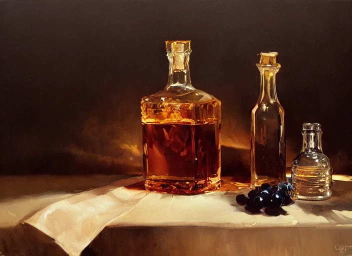 Prompt: oil painting of whiskey bottle, transparent crystals, translucent grapes, rose, art by anders zorn, wonderful masterpiece by greg rutkowski, beautiful cinematic light, american romanticism by greg manchess, creation by tyler edlin