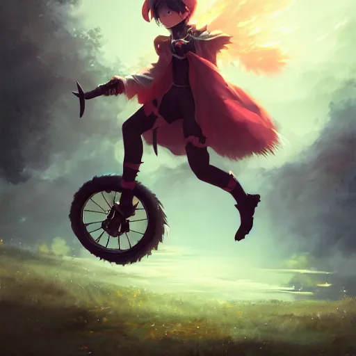 Image similar to a super cute demon riding a unicycle, anime, manga, kawaii, magical world, by greg rutkowski, sung choi, photo realistic, 8 k, cinematic lighting, hd, atmospheric, hyperdetailed, trending on artstation, devainart, digital painting, glow effect