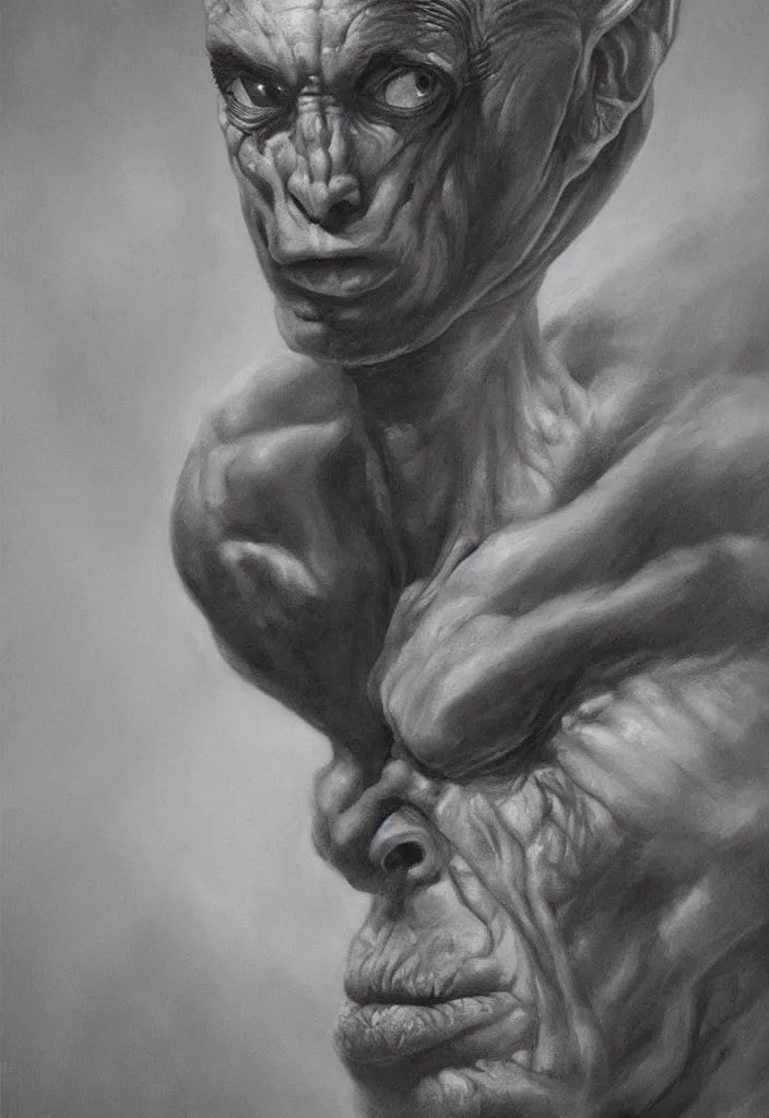 Image similar to ultra realistic portrait painting of the gray alien leader in military captivity from zeta reticuli, one large head, two large deep black eyes, small nose and small mouth, light grey moist skin, art by frank frazetta, 4 k, ultra realistic, highly detailed, epic lighting