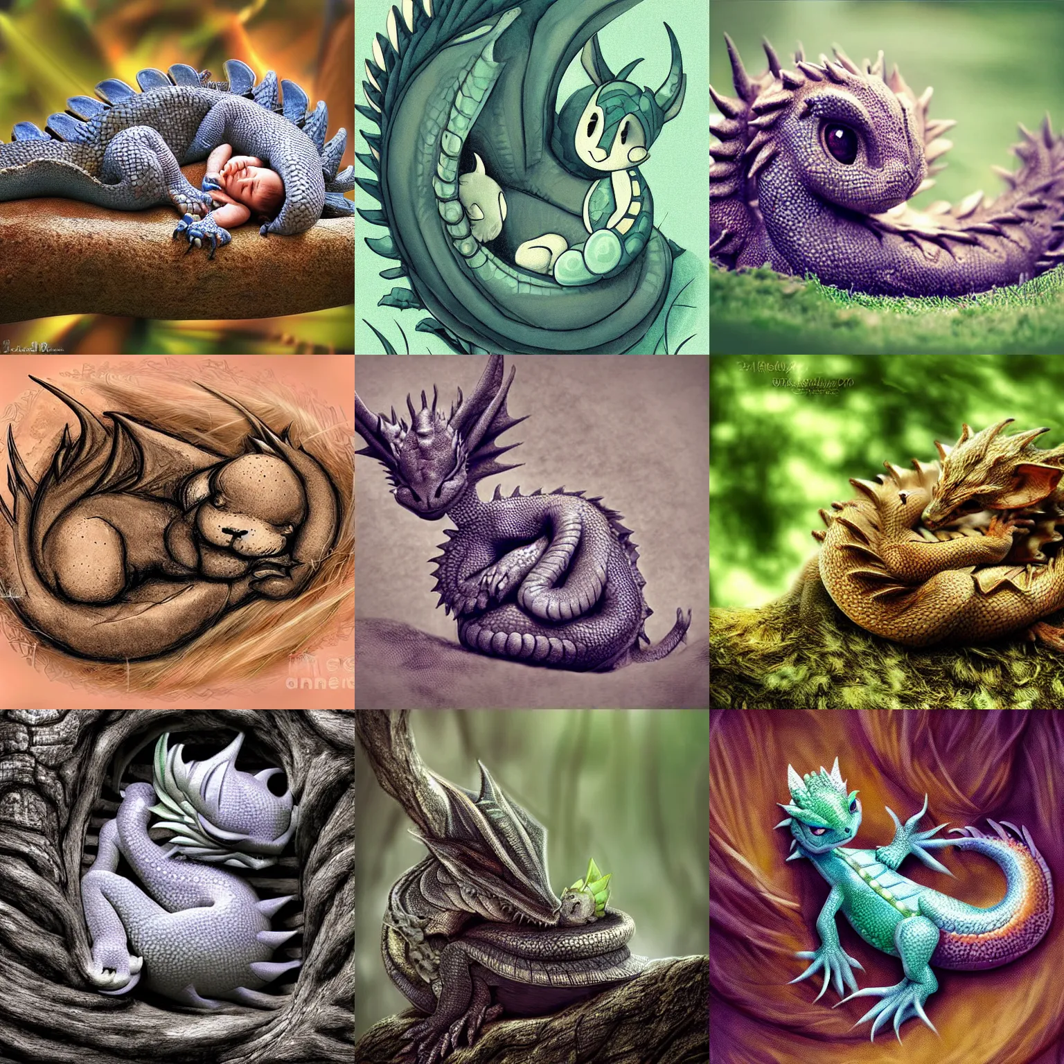 Prompt: cute baby dragon curled sleeping comfortably, very very cute, very very beautiful digital artwork, award winning