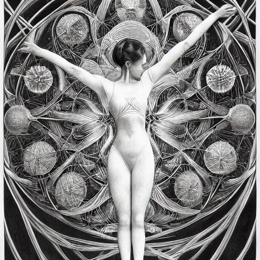 Prompt: hyper detailed bw linear pencil drawing, woman ballet dancer, organic symmetric shapes by ernst haeckel