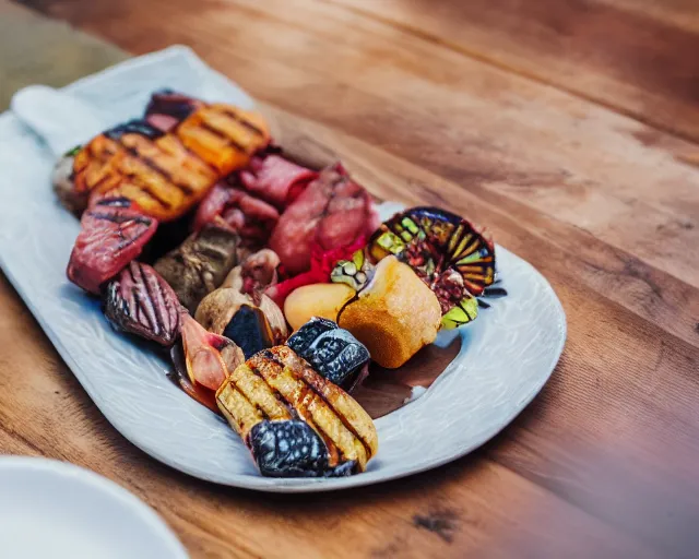 Prompt: 8 5 mm food photography of a plate full of grilled candy at restaurant with dof and bokeh and wine glasses o