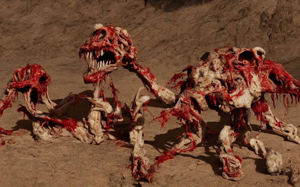 Image similar to in the desert a bloody gross horrifying The Thing creature made of muscle and bone and blood stares at the camera, eating, mid day, 35mm photography, realistic,