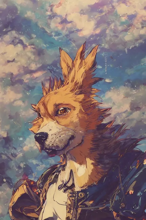 Prompt: maximalist intimidating dog, trending on pixiv fanbox, painted by makoto shinkai takashi takeuchi studio ghibli, akihiko yoshida, yoshitaka amano, wangechi mutu, clean cel shaded vector art. shutterstock. behance hd by lois van baarle, artgerm, helen huang, rossdraws, illustration