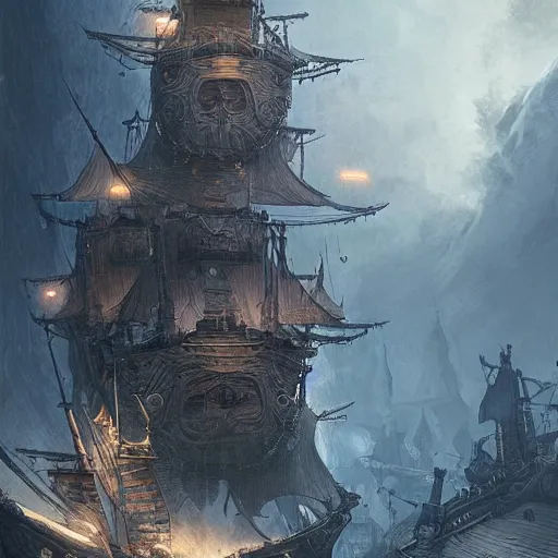 Image similar to Fantasy pirate ship, Dynamic lighting, cinematic, establishing shot, extremely high detail, foto realistic, cinematic lighting, pen and ink, intricate line drawings, post processed, concept art, artstation, matte painting, style by Raphael Lacoste, Eddie Mendoza