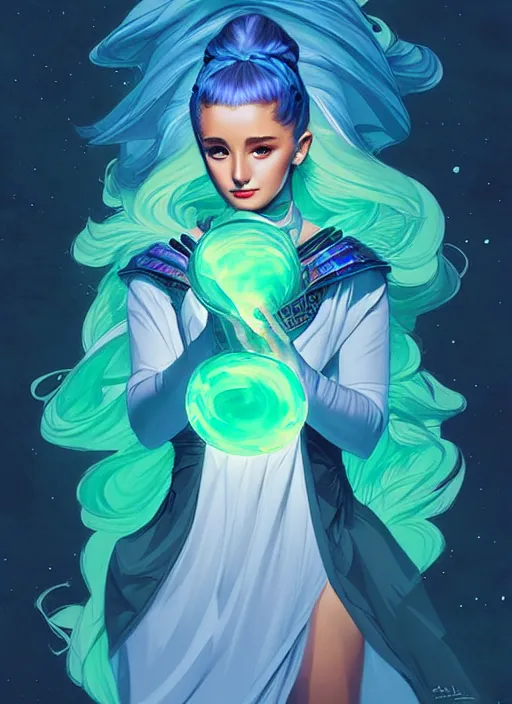 Image similar to style artgerm, joshua middleton, illustration, ariana grande as a high priestess wearing green pelt light armor, blue hair, swirling water cosmos, fantasy, dnd, cinematic lighting