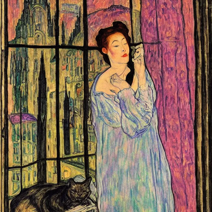 Prompt: close portrait of woman in transparent vaporous night gown with cat and iris, with city with gothic cathedral seen from a window frame with curtains. sun through the clouds, vivid iridescent psychedelic colors. munch, egon schiele, henri de toulouse - lautrec, utamaro, monet