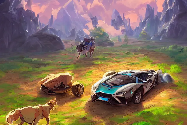 Image similar to the broken lamborghini zelda breath of the wild, in the style of studio ghibli and vicente segrelles, trending on artstation, back lighting tilt - shift cottagecore, abstract illusionism, movie poster, creature concept art, precisionism