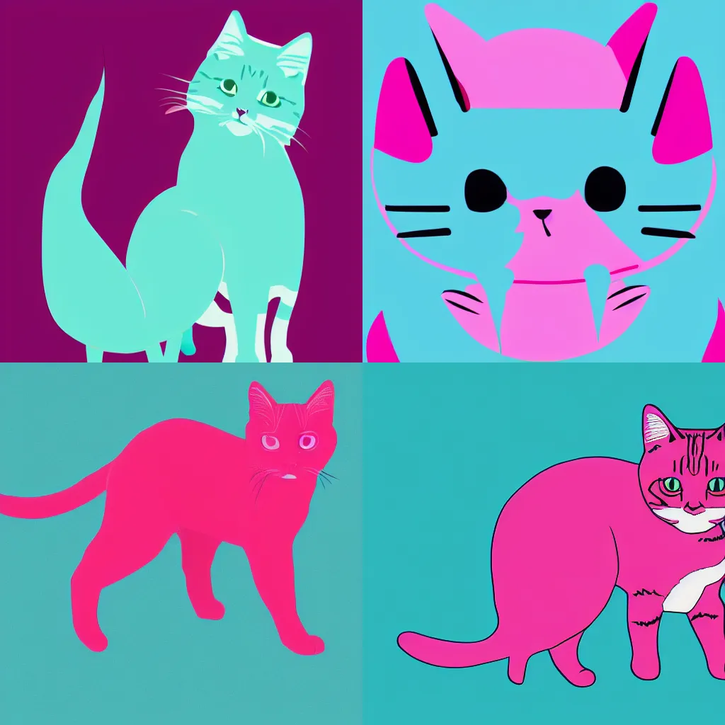 Prompt: minimalist vector art of a cyan and magenta tabby cat, cute, trending on artstation, 8 k, 4 k