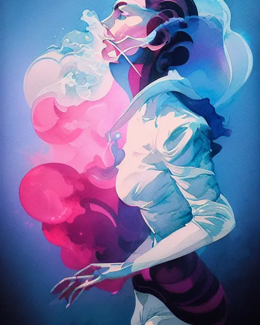 Prompt: synthwave water smoke portrait, shattering acrylic geometric watercolor art by peter mohrbacher and artgerm