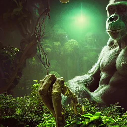 Image similar to cinema 4D colorful render, utopian jungle in space , old decaying statue of ape, a detailed zoned in human anatomy veins, nature, heavy green, dramatic lens flares, apes hanging from vines, a evil dark sun , depth field, unreal engine, sharp, incredible detail, professional composition, quality digital art, 4k, 4k concept art and hyper realism