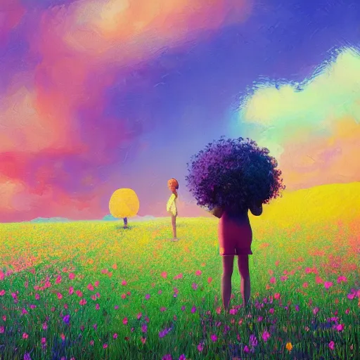 Image similar to large flowers afro, girl standing in a field with flowers, surreal photography, hills, big trees, sunrise dramatic light, impressionist painting, colorful clouds, digital painting, pointillism, artstation, simon stalenhag