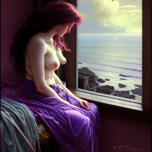 Prompt: A woman looking out to sea from her bedroom, dreamlike scene, high angle shot, dark mood, purple hues, soft lighting, fantasy, intricate, elegant, highly detailed, digital painting, artstation, concept art, smooth, sharp focus, illustration, art by Krenz Cushart and Artem Demura and alphonse mucha