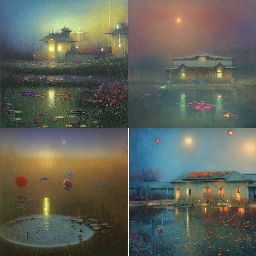 Prompt: detailed painting of a pond station, exterior, floral ornaments, volumetrics lights, beam of bright lights through the clouds, beksinski, bougeureau
