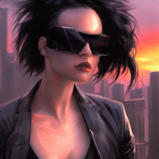 Prompt: closeup portrait of a young trained female cyberpunk razorgirl, sunglasses, black hair, shag cut, dramatic light, city background, sunset, dystopian setting, high contrast, sharp, painted by stanley lau, painted by greg rutkowski, painted by stanley artgerm, digital art, trending on artstation