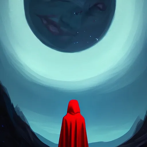 Prompt: a red cloaked being with a face of the stars sits looking at the camera, the scenery is beautiful and eerie, artstation, artistic, stylized