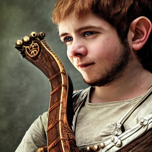 Image similar to realistic portrait of a halfling male, happy, bard, short hair, lute, intricate details, cinematic, photo, fantasy, medieval