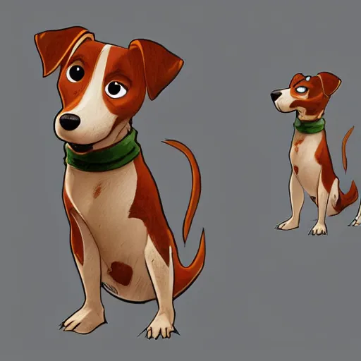 Image similar to cute jack russel terrier, concept art, character sheet, character design, by cory loftis