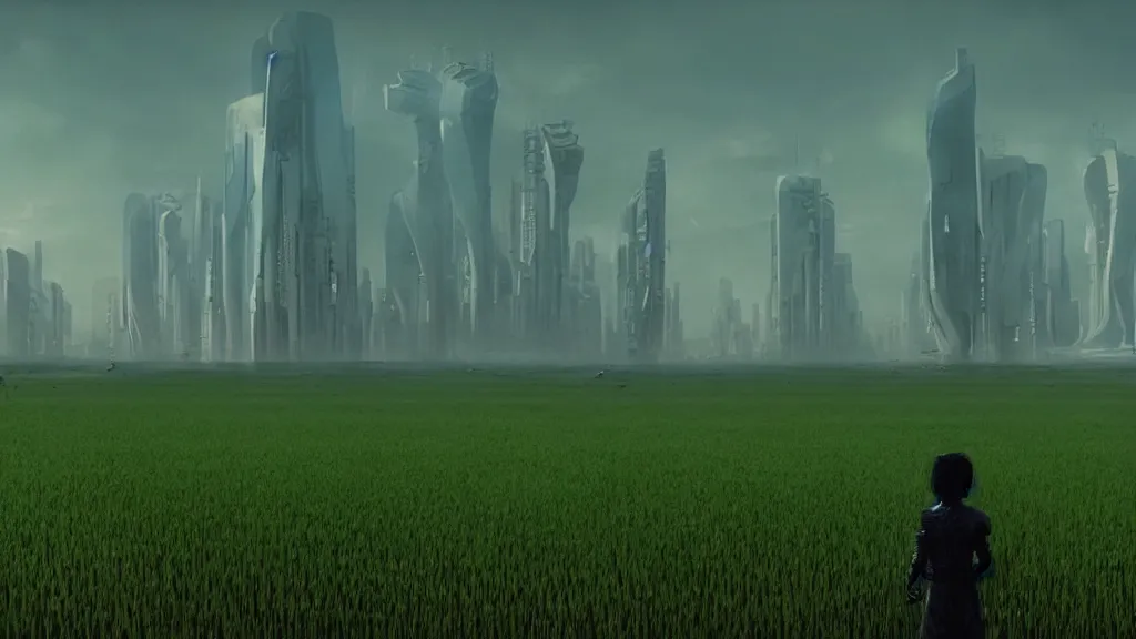 Image similar to a futuristic cyberpunk village from the year 2077 that’s on stilts above a rice field, film still from the movie directed by Denis Villeneuve with art direction by Zdzisław Beksiński, wide lens