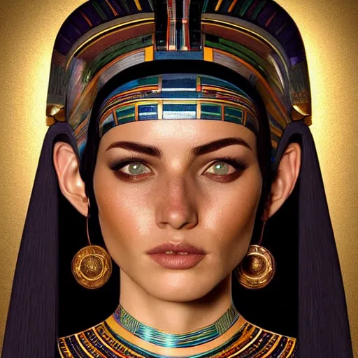 Prompt: high-quality beautifully done centered portrait of a pretty female from an Ancient Egypt::trending on artstation, featured on behance::art by Artgerm and Alessio Albi and Heather Theurer::natural lighting, identical eyes, beautiful eyes medium shot, slender symmetrical face and body, hyper-detailed, single face, insanely detailed and intricate