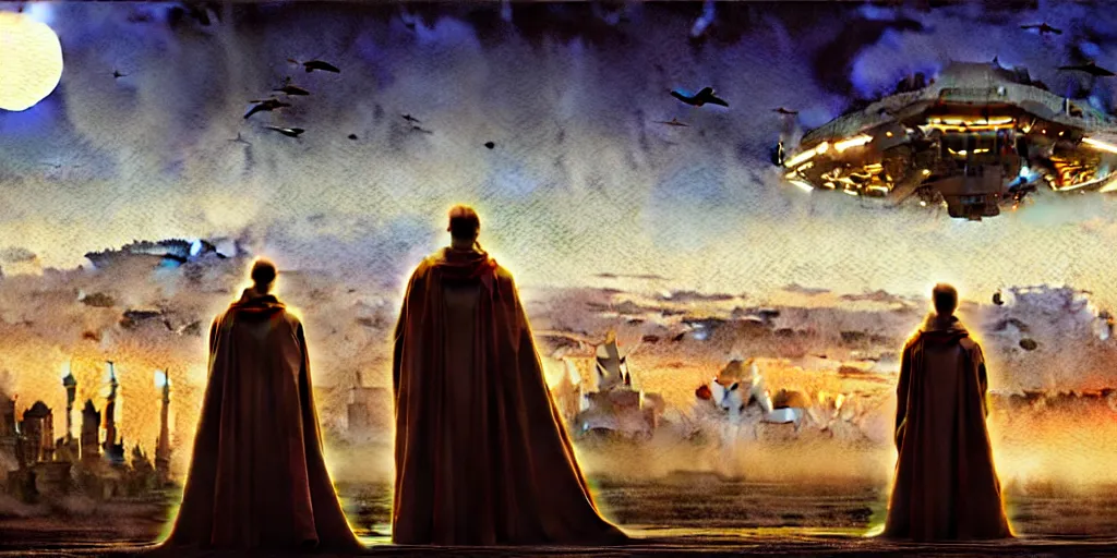 Prompt: a hyperrealist watercolor concept art of a giant alien ship from independence day on the horizon of a futuristic city in arizona. a medieval monk in grey robes is in the foreground. golden hour. very muted colors, by rebecca guay, michael kaluta, charles vess. high detail, hq, wide shot, 4 k