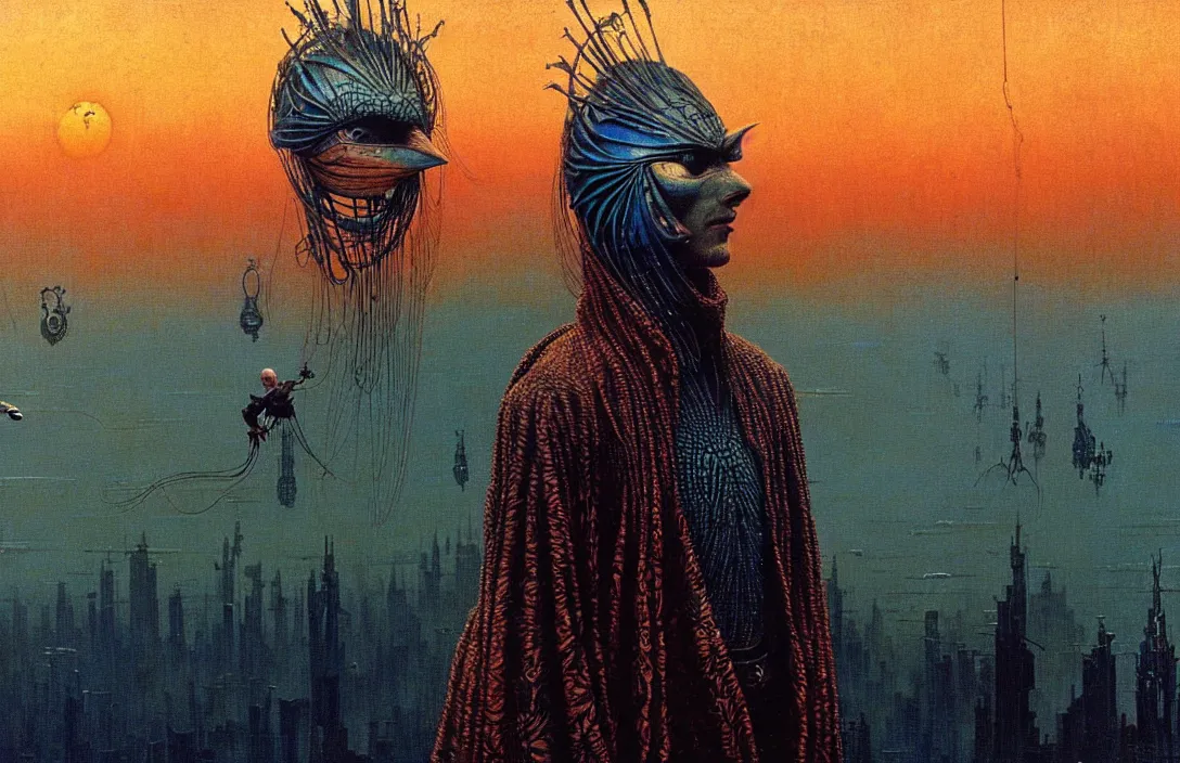 Image similar to extremely detailed portrait film shot of a birdman wearing dark ragged robes, futuristic city sunset landscape background by denis villeneuve, amano, yves tanguy, alphonse mucha, ernst haeckel, max ernst, roger dean, ridley scott, dramatic closeup composition, rich moody colours, blue eyes