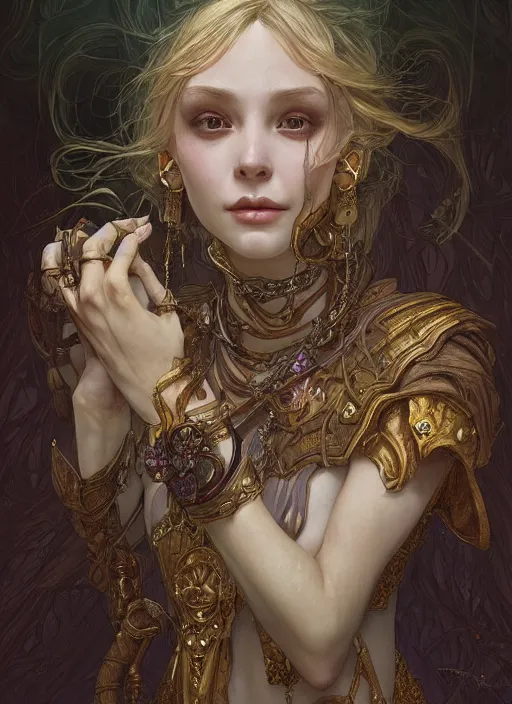 Image similar to portrait of beautiful cute goblin girl, fantasy, D&D, intricate, elegant, highly detailed, digital painting, artstation, concept art, smooth, sharp focus, illustration, art by artgerm and greg rutkowski and alphonse mucha and Gustav Klimt