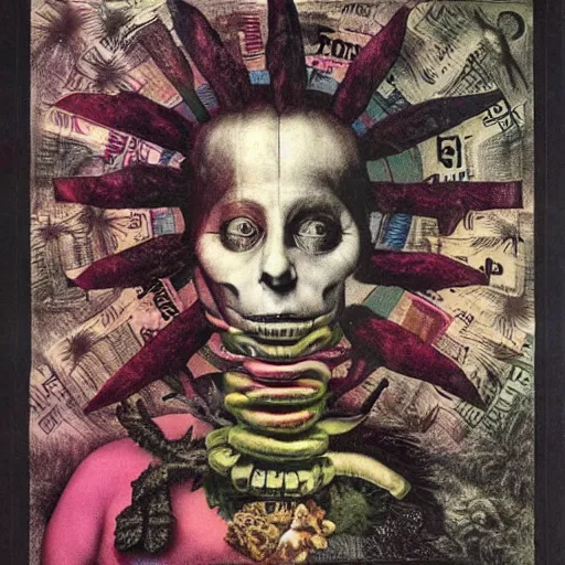 Image similar to post - punk new age album cover, asymmetrical design, dollar bank notes, capitalism, magic, apocalypse, psychedelic, black white pink, magic, giger h. r., giuseppe arcimboldo