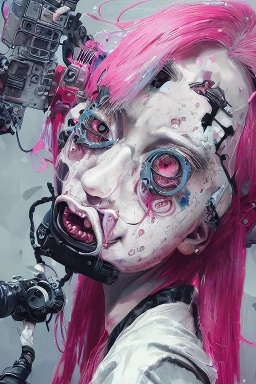 Image similar to by kyoto animation, very creepy clown girl pink hair, tears from the eyes, wearing cyberpunk intricate streetwear, beautiful, detailed portrait, intricate complexity, ilya kuvshinov, cell shaded, 4 k, concept art, by wlop, ilya kuvshinov, greg rutkowski, sharp focus, volumetric lighting, cinematic lighting