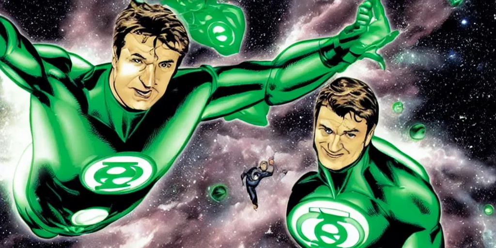 Image similar to Nathan Fillion as Green Lantern Hal Jordan flying through outer space, detailed