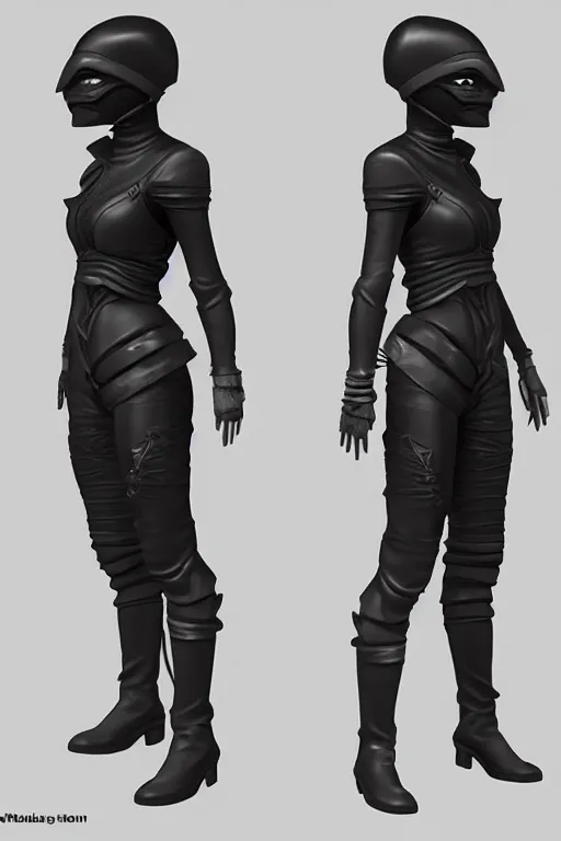 Image similar to female adventurer in tight full - body black leather armor of japanese design and a black porcelain crow mask, trending in artstation, establishing shot