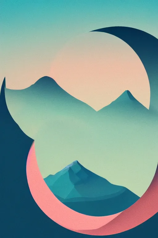 Image similar to geometric 3 d render soft bright pastel mountains with a crescent moon