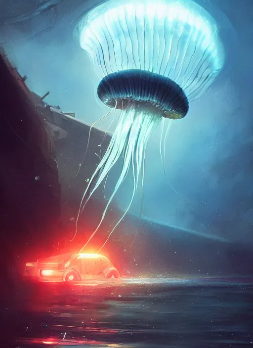 Prompt: jellyfish alien vehicle, sparks, ultra realistic, underwater, cinematic lighting, highly detailed, sharp focus, artstation, masterpiece, art by greg rutkowski