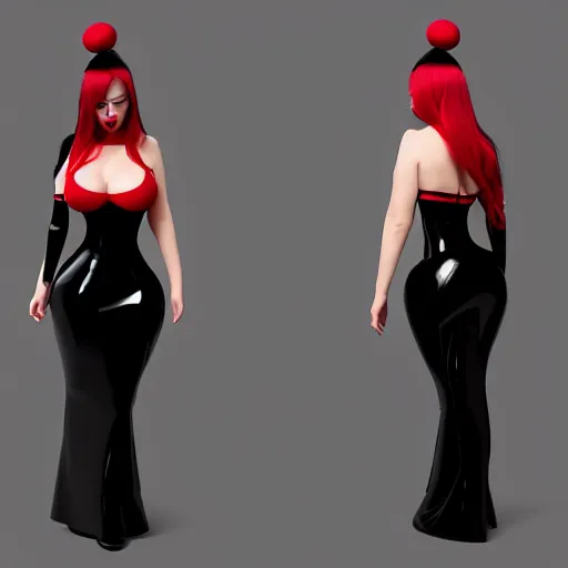 Image similar to curvy feminine hot goth cutie in a sublime elegant polished black latex neck-high floor length outfit with red trim, thin waist, cgsociety, photorealistic, comfy ambience, idealistic, 16k, smooth, sharp focus, trending on ArtStation, volumetric lighting, fully clothed, worksafe