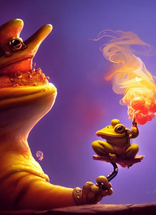 Image similar to cute toad smoking a pipe with colored smoke, subsurface scattering, by jesper ejsing, justin gerard, tomasz alen kopera, cgsociety and fenghua zhong, highly detailed, rim light, cinematic lighting, illustration, art, octane render, very coherent, cinematic, hyper realism, high detail, octane render, 8 k