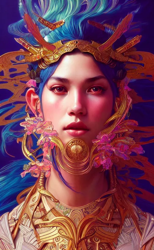 Prompt: hyper detailed ultra sharp of a beautiful warrior girl. trending on artstation, vaporwave aesthetic, synthwave, colorful, psychedelic, ornate, intricate, digital painting, concept art, smooth, sharp focus, illustration, art by artgerm and greg rutkowski and alphonse mucha, 8 k