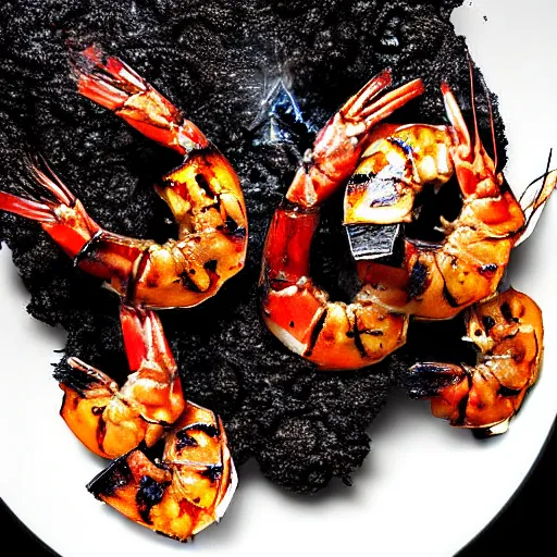 Prompt: burned shrimp that was left on the grill way too long there is a lot of smoke , burning shrimp, thick smoke, black smoke, grill, flames, overcooked shrimp, high particle count, photo realistic