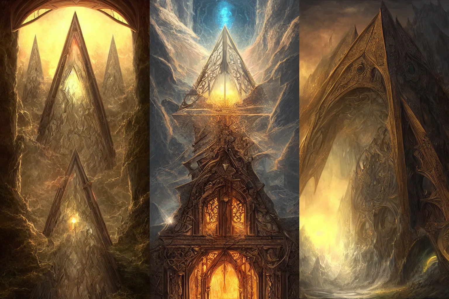 Prompt: the gate to the eternal kingdom of triangles, fantasy, digital art, hd, detailed.