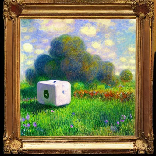 Prompt: beautiful painting of companion cube in a beautiful landscape, monet, rhads, renoir, degas