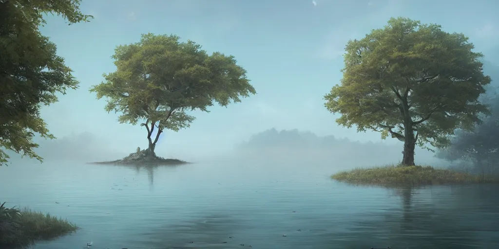 Prompt: vanishing point a sakura tree upon a lake, viewed from afar, stephen bliss, misty, unreal engine, fantasy art by greg rutkowski, loish, rhads, ferdinand knab, makoto shinkai and lois van baarle, ilya kuvshinov, rossdraws, tom bagshaw, global illumination, radiant light, minimalist, detailed and intricate environment