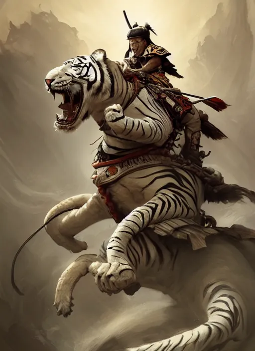 Prompt: samurai riding on a white tiger, subsurface scattering, by jesper ejsing, justin gerard, tomasz alen kopera, cgsociety and fenghua zhong, highly detailed, rim light, cinematic lighting, illustration, art, octane render, very coherent, cinematic, hyper realism, high detail, octane render, 8 k