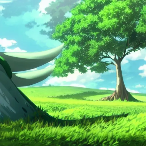 Prompt: big white whale flying near giant tree in the green field, anime, HD,
