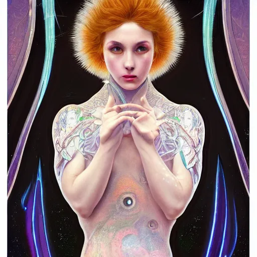 Image similar to a photograpic portrait of a anthropomorphic Macropinna microstoma wearing white clothes, iridescent colors, fantasy, intricate, elegant, highly detailed, digital painting, artstation, concept art, smooth, sharp focus, illustration, art by artgerm and H R Giger and alphonse mucha